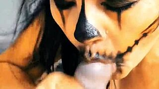 on halloween night she appears to suck cum from strangers he can't hold back and cums in her monster doll mouth she swallows every drop best blowjob ever right?