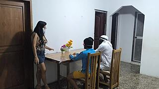 a latino pounds colombian waitress while arab friend watches hungrily