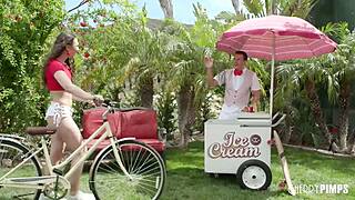 Liz Jordan drips ice cream on perky tits. Codey Steele rims and pounds her outdoors.