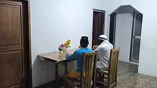 a latino pounds colombian waitress while arab friend watches hungrily