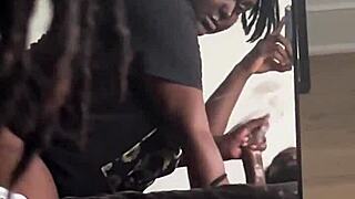 bbw ebony babe sees double with monster cocks deepthroating in mirror messy blowjob