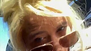 Streetwalker in glasses gives deep blowjob takes huge facial