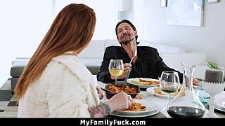 Hey, watch this hot 18+ stepdaughter sneak under the table sucking stepdad's cock so eagerly!