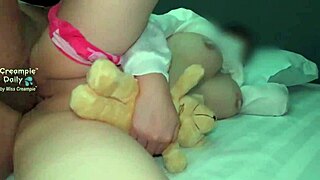 Pretty asian teen bent over bed ripped clothes tight shaved pussy creampied doggystyle