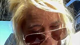 Streetwalker in glasses gives deep blowjob takes huge facial