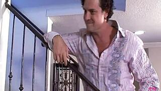 blonde bombshell with huge fake tits rides cock hard in kitchen before facial cum blast