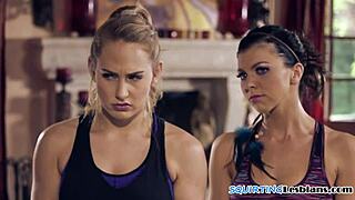 squirting lesbians finger each other hard after sweaty yoga session 💦👯‍♀️