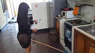 Leaked Mexican Influencer Fingers Dripping Pussy with Broomstick in Kitchen