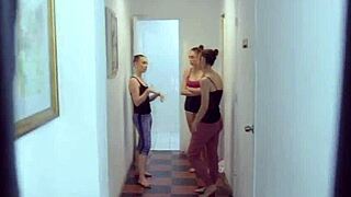 Ballerinas take turns blowing instructor's thick cock in group