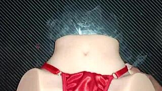sexy anal sex with candy in red thong pompon bent over desk creampie.