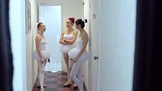 Ballerinas take turns blowing instructor's thick cock in group