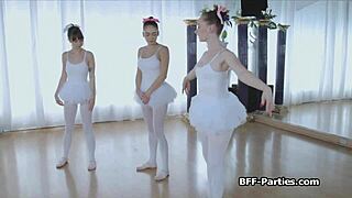 Ballerinas take turns blowing instructor's thick cock in group