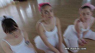 Ballerinas take turns blowing instructor's thick cock in group