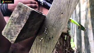 two farmers sneak off for homemade hairy pussy fun in the bush.