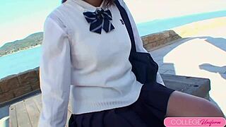 naughty chisa miyamae schoolgirl sucks boyfriend balls dry outdoors