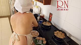 hey nudist housewife regina noir cooks naked in kitchen like a sexy maid in her series