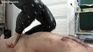 alice tramples masked slave joe on tennis balls under her feet