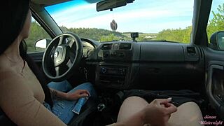 girl next door gives wild public car handjob in the woods