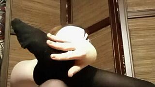 These pantyhose hugging my horny petite tits make me ache so bad