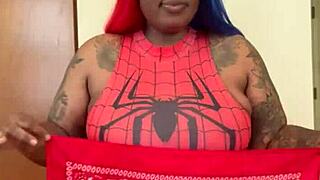 spider girl shabrim's cosplay con striptease rips clothes till fully nude
