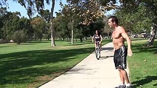 shaved teen slut kneels for muscular hunk's thick cock sucking it till facial cumshot