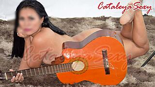 Model strips from outfits to naked guitar poses so sensual