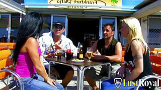 Naughty beach blondes and brunettes fucked hardcore group doggystyle cowgirl cumshot.