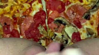 Arabic teen crams ice cream pizza deep in juicy pussy