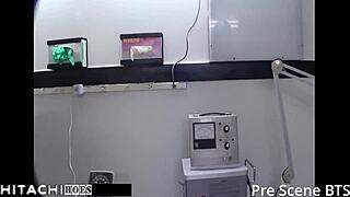 Naughty nurse Brianna Cole fingers gaping pussy backstage