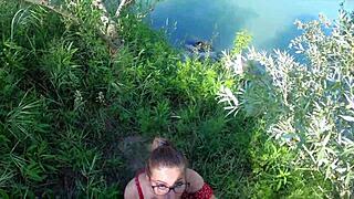 Petite teen screams then deepthroats monster cock outdoors