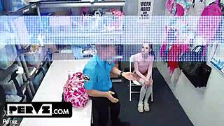 Daisy gets caught shoplifting, stripped naked by officer Nicky in public gym twist.