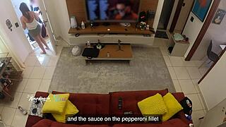 Delivery guy recognizes hot milf wife, sucks her big naturals on sofa - subtitles