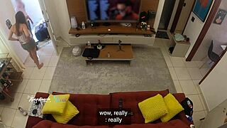 Delivery guy recognizes hot milf wife, sucks her big naturals on sofa - subtitles
