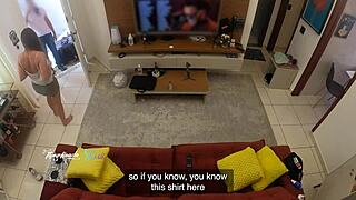 Delivery guy recognizes hot milf wife, sucks her big naturals on sofa - subtitles