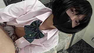 hey check this tiny 18yo japanese in uniform cosplay giving blowjob riding with hairy creampie 😘