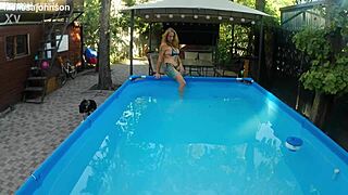 melissa the tattooed milf with brown eyes swims naked in her pool