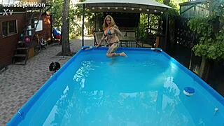 melissa the tattooed milf with brown eyes swims naked in her pool