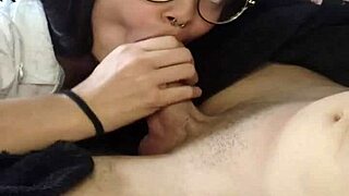 brunette couple drools over veiny monster cock in sloppy seated blowjob action