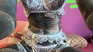 Skinny german goth in lingerie teases with dildo and dirty talk before riding it hard