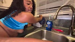 hot ebony teen's creamy asshole gapes for stepdad's bbc in kitchen
