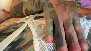 Skinny german goth in lingerie teases with dildo and dirty talk before riding it hard