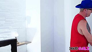 Tattooed milf takes two cocks deep in ass. Wild threesome pounds her tight hole hard.