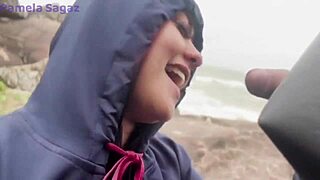fodendo bent over big ass brunette on beach with monster cock she sucks then doggystyle pounding