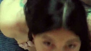 Petite brunette in chains kneels for deep face fuck craving