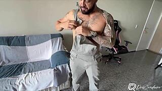 Sexy latina fitness babe in lingerie seduces painter bends over for creampie doggystyle pounding