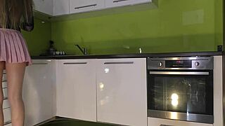 Super hot petite skinny blonde wife strips white panties in kitchen boredom