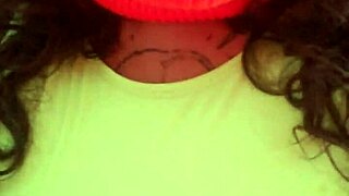 Masked ebony milf spreads big tattooed ass wide