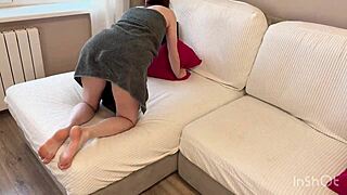 the driver spots my wife stuck in the sofa, bends her over and pounds her tight russian pussy doggystyle till creampie with english subs