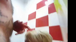 Pee on this fat busty blonde's face in bathroom quickie!