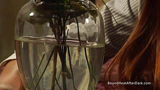 Bent-over slave endures mistress's massive strapon in soaked pussy